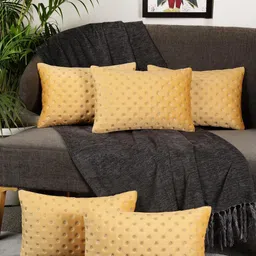 Modern Minimalist Rectangle Cushion Covers Set of 5 | 12x18 Inches Velvet Pillow Covers | Decorative Dot Design Yellow Color-9