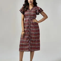 CORSICA Ethnic Motifs Print Flutter Sleeve Crepe Shirt Midi Dress-image-98