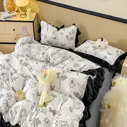 JC HOME Grey & White Floral Polycotton 4 Piece Double Queen Regular Bedding Set-20