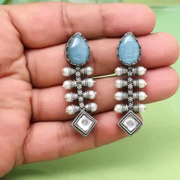 PREYANS Silver-Plated Oxidised Drop Earrings-image-60