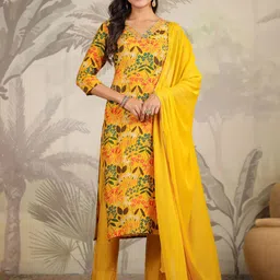 Janasya Floral Printed Sequinned Kurta with Trouser & Dupatta-3