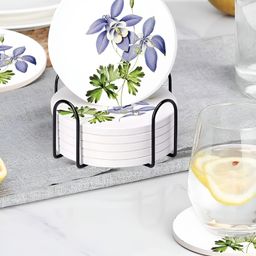 Ekhasa White & Green 6 Pieces Printed Round Diatomite Coasters With Steel Holder-image-18