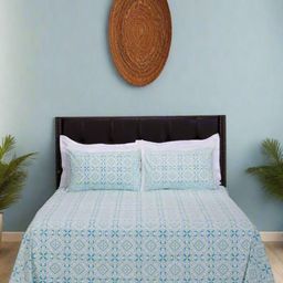 SHAHENAZ Blue & White Floral Cotton 120 TC Queen Bedsheet with 2 Pillow Covers-image-61