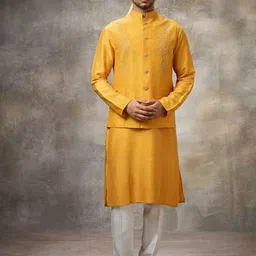Rivaar By Rocky Star Embroidered Beads and Stones Kurta With Trousers & Nehru jacket-image-49