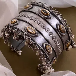 anouk Sangria German Silver Plated & Gold Kundan Stone Studded & floral textured Adjustable Bangle-picture-13