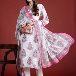 Indo Era Floral Printed Sequinned V-Neck Pure Cotton Kurta with Trousers & Dupatta-56