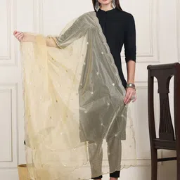 LOOM LEGACY Floral Embroidered Sequnnied Organza Dupatta-48