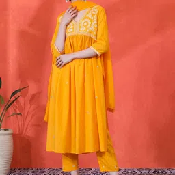 Sangria Embroidered A-Line 100% Cotton Kurta & Trousers Kurta Set-image-37