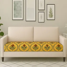 STITCHNEST Mustard & Green Printed 2-Seater Sofa Seat Cover-7