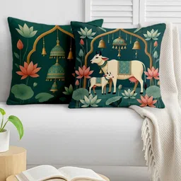 STITCHNEST Green & White 2 Pieces Ethnic Motifs Satin Square Cushion Covers-26