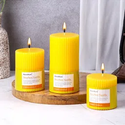 Asian Aura Bourbon Vanilla Ribbed Pillar Candles Pack of 3 Scented Candles for Home Dcor-6