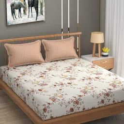MAFATLAL Cream-Coloured & Brown Floral 140 TC King Bedsheet with 2 Pillow Covers-image-6