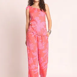 EROTISSCH Pink One-Shoulder Floral Printed Top & Trousers-picture-38