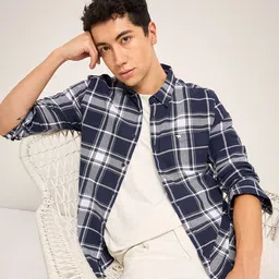 THE BEAR HOUSE Men Button-Down Collar Tartan Checked Cotton Slim Fit Casual Shirt-image-49