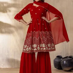Sashay Boutique Women Floral Embroidered A-Line Kurta with Sharara & Dupatta-picture-11