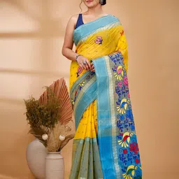 PuJoy Woven Design Floral Zari Pure Cotton Taant Saree-picture-44