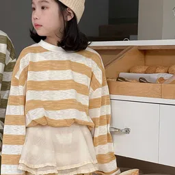 LULU & SKY Girls Polyester Striped Long Sleeves Henley Neck Relaxed Fit T-Shirt-picture-27