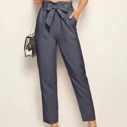 Moda Rapido Women Grey Solid Polyester Knotted Stretchable Trousers-picture-41
