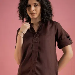 DressBerry Mandarin Collar Roll-Up Sleeves Crepe Shirt Style Top-image-45
