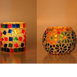 Somil Vibrant Multicolor Glass Candle Holder Add A Touch Of Magic To Diwali, Parties & Candlelight Dinners, Size-7 X 7 X 7 Cm , 8.5 X 8.5 X 7 Cm Pack OF 2-image-77