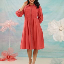 AUTUMN LANE Purna Apricot Self Design Mandarin Collar Knee Length Fit & Flare Dress-picture-11