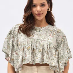 DressBerry Floral Print Flutter Sleeve Kaftan Crop Top-19
