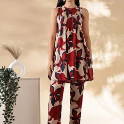 Anouk Beige Geometric Printed Pin Tucks Round Neck Tunic With Trousers-picture-2