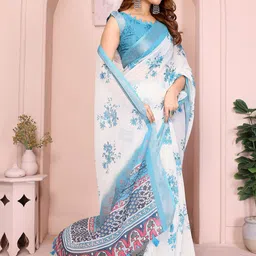 SUVIKAS CREATION Floral Printed Zari Linen Shimmer Saree image 3