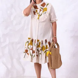 DEEBACO Women Mandarin Collar Floral Print Puff Sleeve Fit & Flare Cotton Dress-picture-46