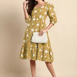 Janasya Floral Printed Pure Cotton A-Line Ethnic Dress-image-62