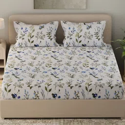 Huesland White & Blue Floral Printed Cotton 210 TC Queen Bedsheet Set 2.54 m x 2.23 m-picture-22