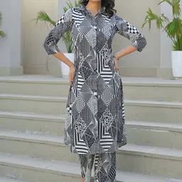 AUTUMN LANE Parnashree Onyx Geometric Printed Pure Cotton A-Line Kurta with Palazzos-picture-7