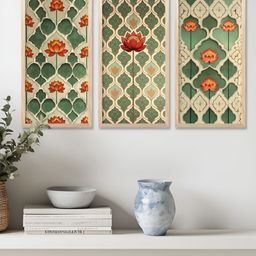 WALLLANE Cream-Coloured & Green 3 Pieces Floral and Botanical Wooden Wall Paintings-12