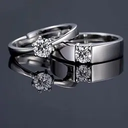 Zoey Unisex Set Of 2 Silver-Plated Stainless Steel Zircon-Studded Adjustable Couple Rings-15