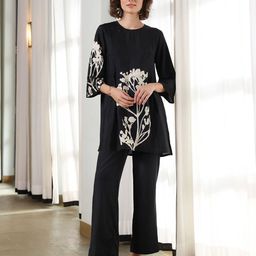 JISORA Floral Printed Pure Silk Tunic With Trousers-image-15