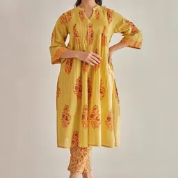 TARA-C-TARA Floral Block Printed Mandarin Collar Pure Cotton Tunic With Trouser-image-7