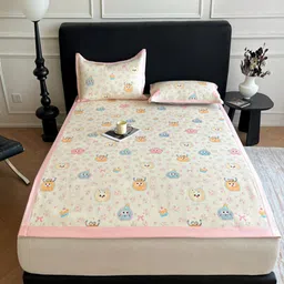 JC HOME Off White & Pink Floral Printed 160 TC Fitted Queen Bedsheet Set-2.0 m x 1.5 m-image-46