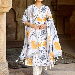 WOMEN PLUS Women Floral Printed Beads & Stones Cotton Linen Kurta with Trousers & Dupatta-image-58