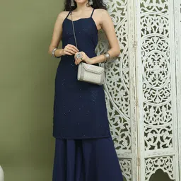 Jompers Chevron Embroidered Sleeveless Sequinned Straight Kurta With Palazzos-43