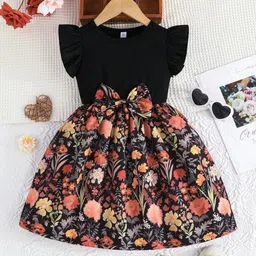 HOPZONIC Women Black Floral Print Round Neck Fit and Flare Midi Dress-picture-2