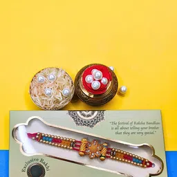 MANSIYAORANGE Beaded Cotton Thread With AD Stones & Meenakari Thread Rakhi-55