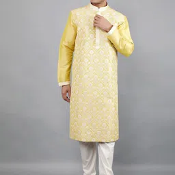 Manish Creations Ethnic Motifs Woven Design Band Collar Kurta with Churidar-image-95