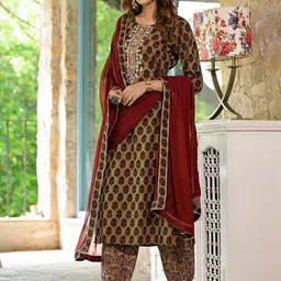 Divena Floral Printed Pure Cotton Zardozi Work Straight Kurta With Harem Pants & Dupatta-picture-17