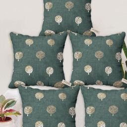 Blue Grass Green & Gold-Toned 5 Pieces Floral Printed Velvet Square Cushion Covers-image-51