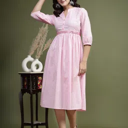 Sangria Floral Printed Cotton Puff Sleeves Fit and Flare Dresses-image-30