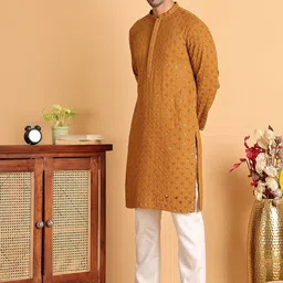 Jompers Floral Embroidered Mandarin Collar Thread Work Straight Kurta With Pyjamas-image-7
