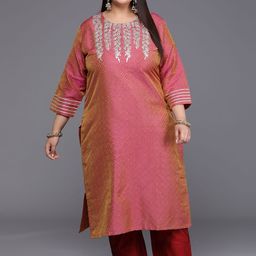 Varanga Plus Size Geometric Woven Design Round Neck Gotta Patti Straight Kurta-image-69