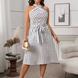 Sztori Women Plus Size Striped Halter Neck Fit & Flare Dress-image-64