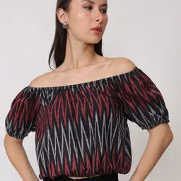 ENTELLUS Geometric Checked Off-Shoulder Puff Sleeve Cotton Bardot Crop Top-1