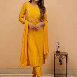 DIVASTRI Women Ethnic Motifs Embroidered Thread Work Kurta with Trousers & With Dupatta-image-31